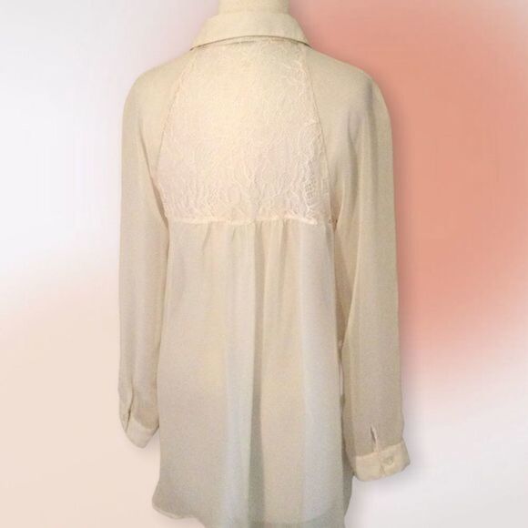Lauren Conrad Sheer Ivory Blouse With Lace Inset Back Size M - Picture 5 of 12